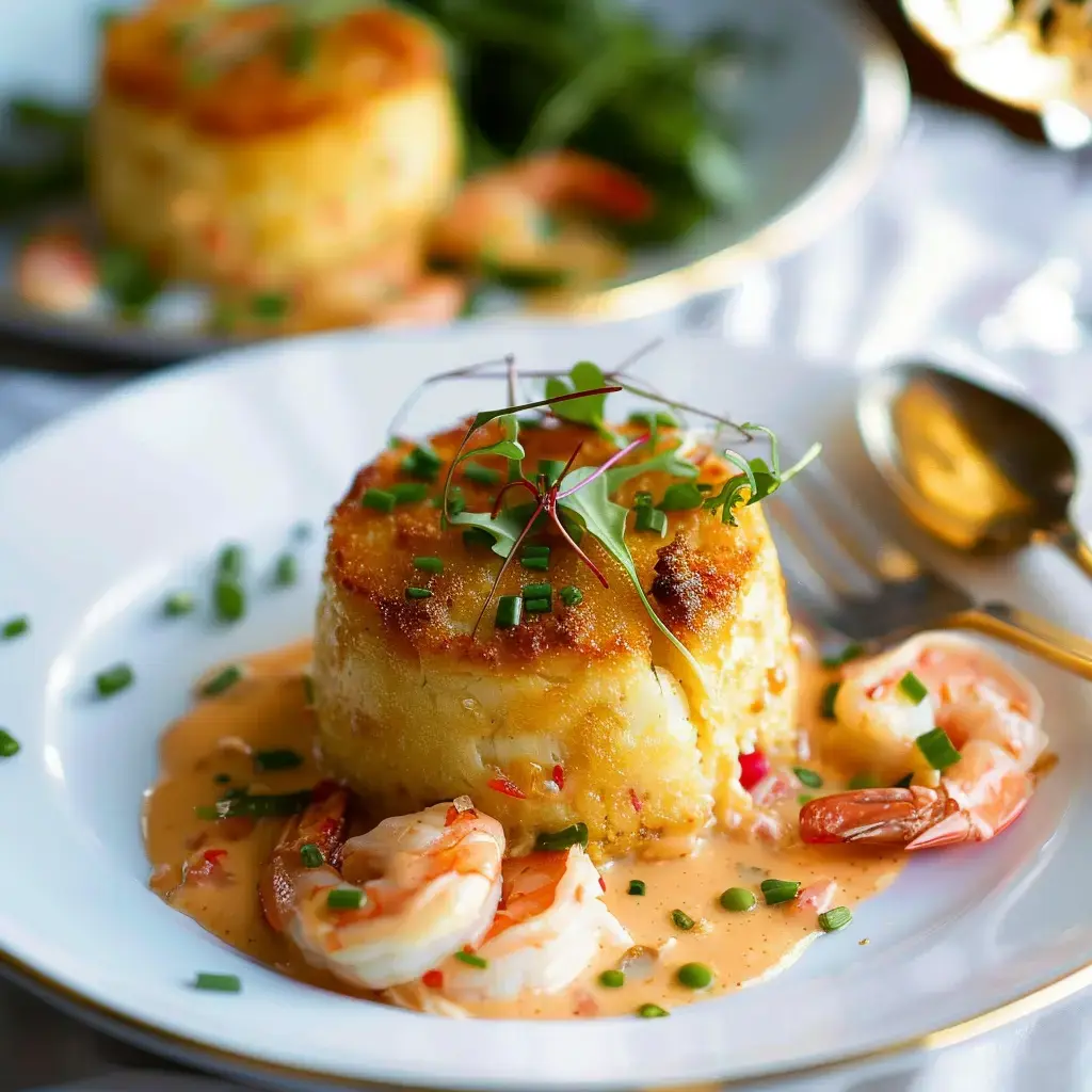 Une assiette raffinée présentant un soufflé salé garni de crevettes et nappé d'une sauce veloutée.