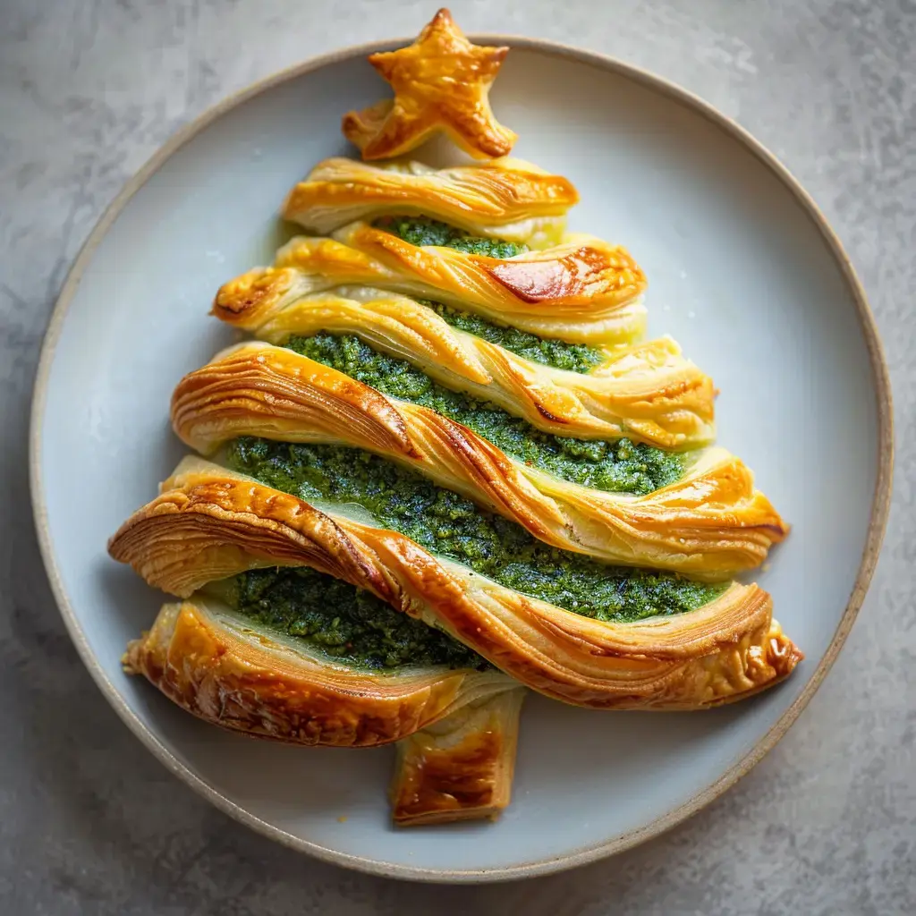 Un sapin feuilleté doré garni de pesto vert, décoré d'une étoile brillante