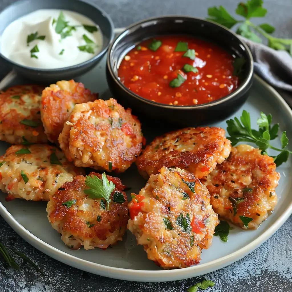 Des beignets dorés et croustillants garnis d'herbes fraîches, accompagnés d'une sauce rouge relevée et d'un yaourt onctueux.