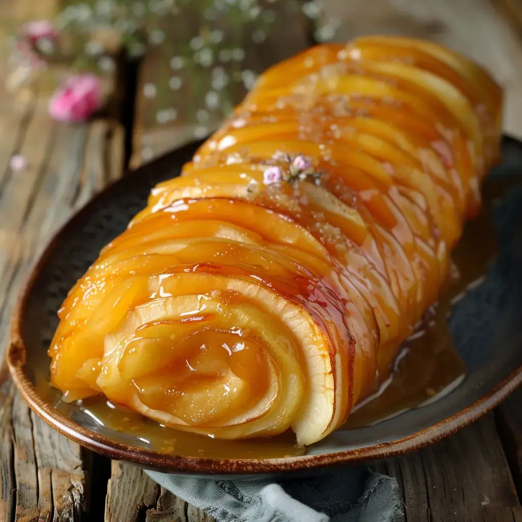 Bûche façon tatin aux pommes caramélisées, décorée de fleurs comestibles sur un plat de service en céramique