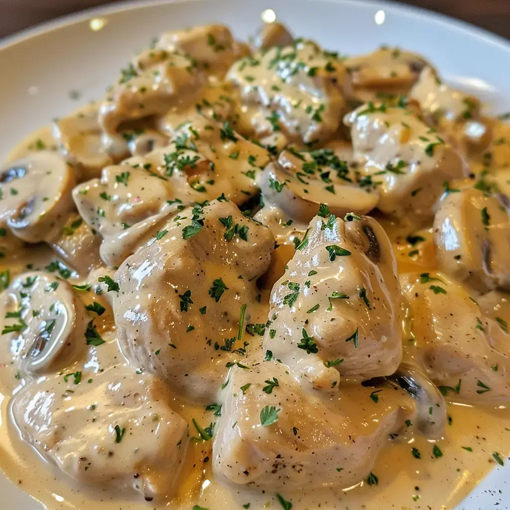 Suprême de poulet nappé de sauce crémeuse aux champignons, parsemé de persil frais