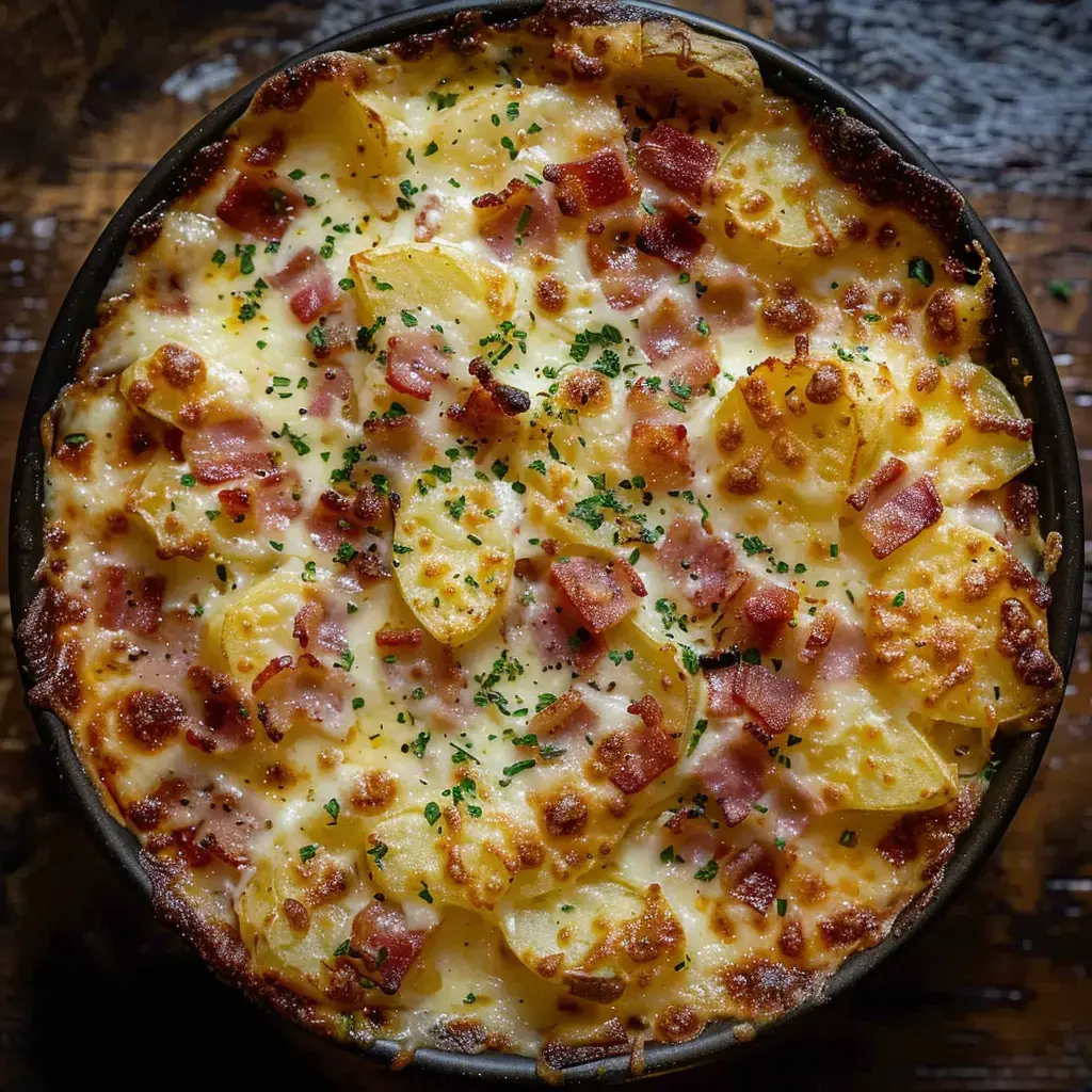 Un gratin dauphinois à la raclette doré et fumant, présenté dans un plat en terre cuite, parsemé de lardons croustillants et d'herbes fraîches