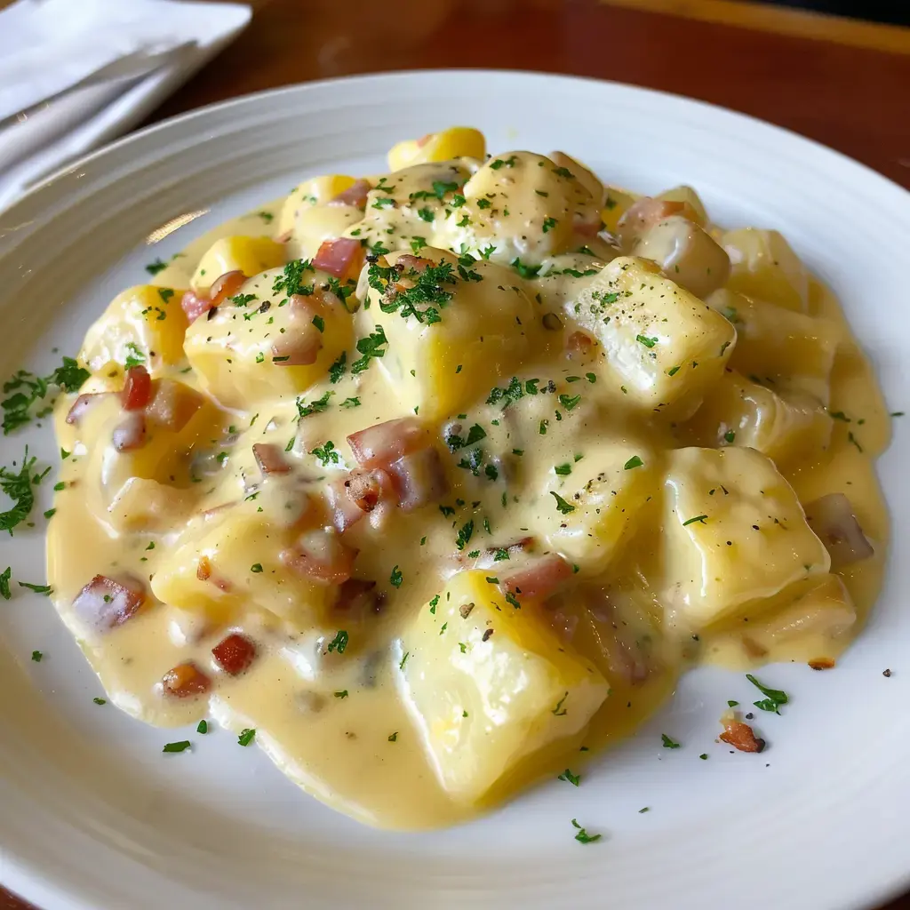 Carbonara aux pommes de terre avec sa sauce crémeuse, ses lardons dorés et son persil frais