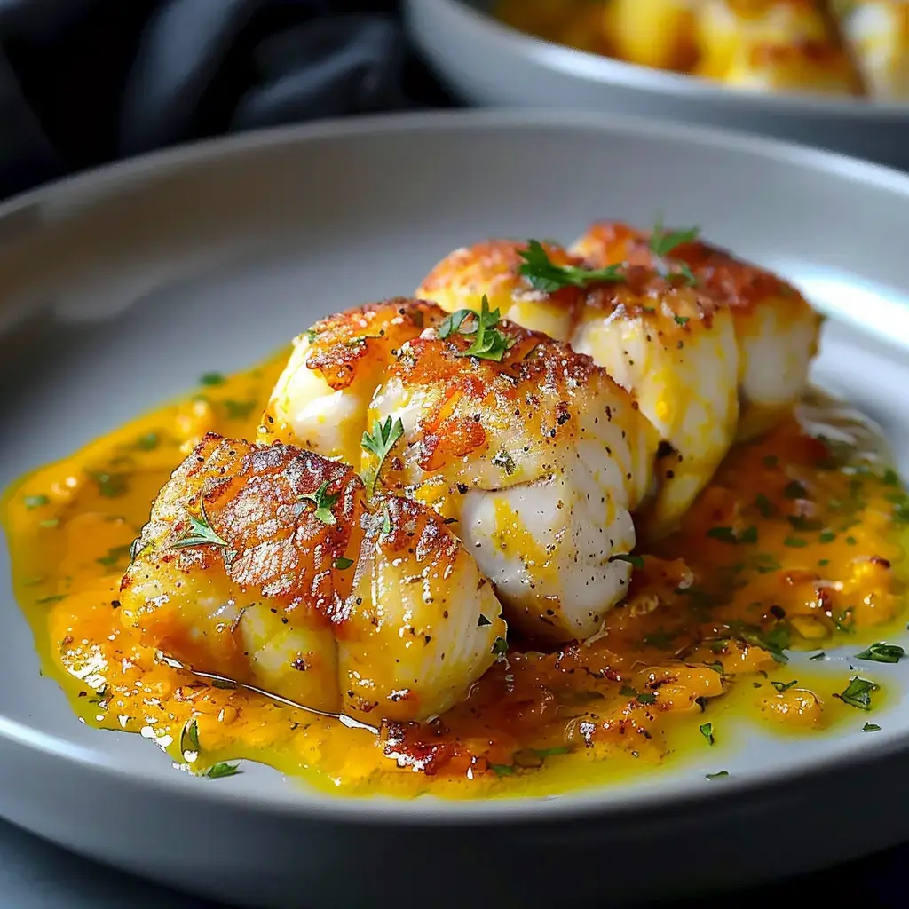 Un morceau de poisson doré dans son jus, couvert d'une sauce parfumée et décoré d'herbes fraîches, présenté dans une assiette grise.
