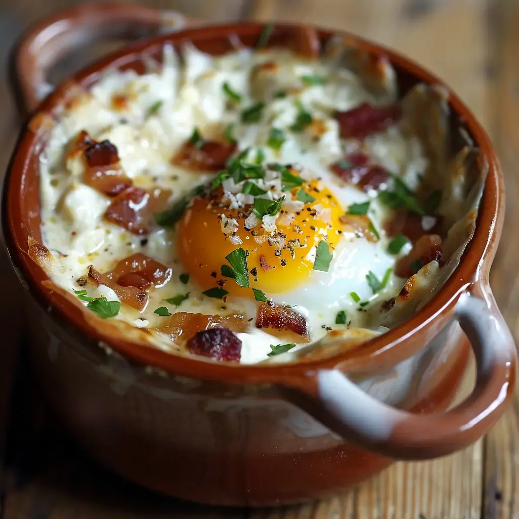 Un œuf cocotte dans son ramequin, nappé de fromage fondu et parsemé de lardons dorés