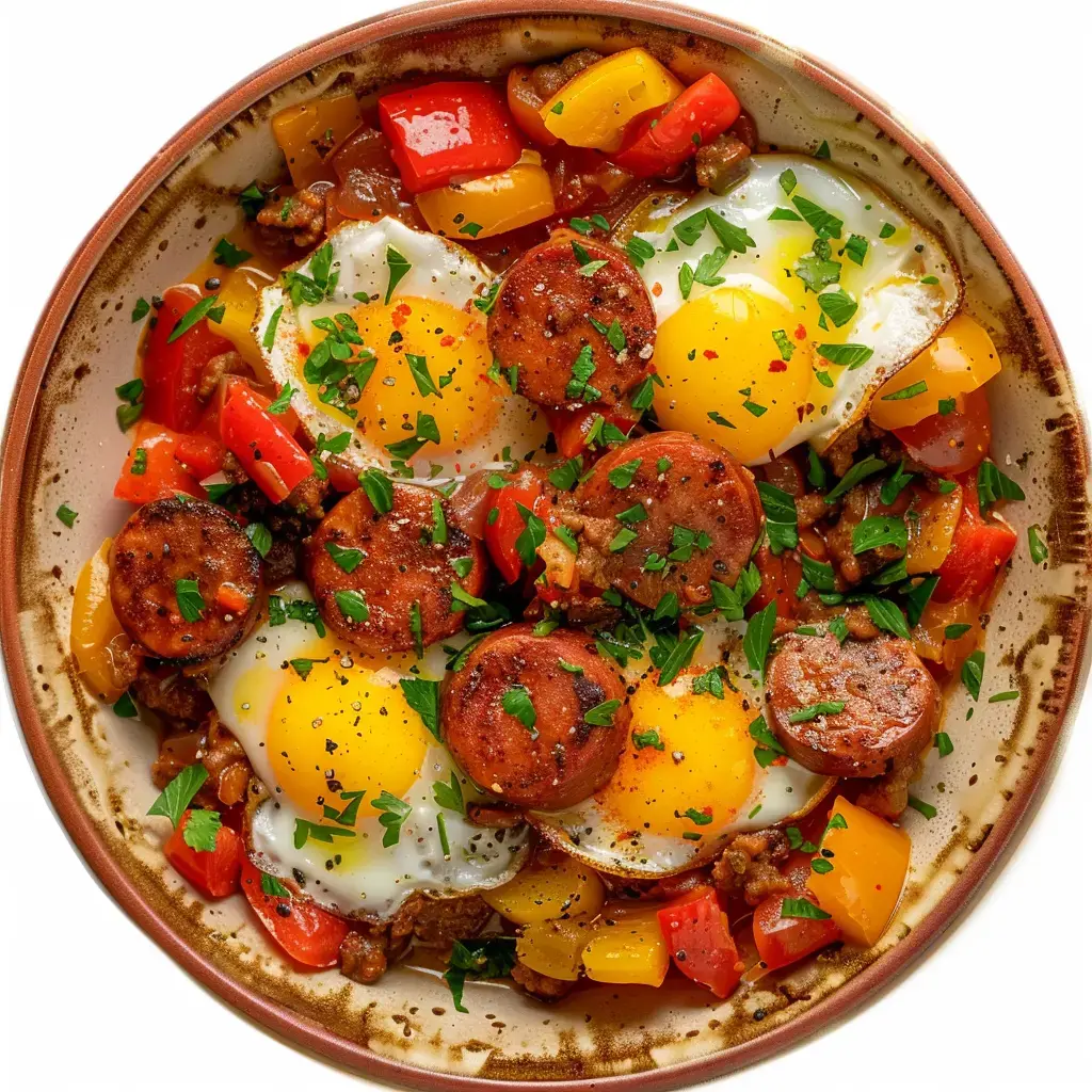 Une savoureuse Shakshuka à la merguez garnie d'œufs pochés et de persil frais