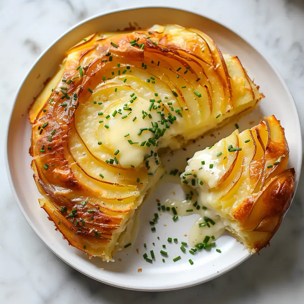 Gratin de pommes de terre au camembert doré à souhait avec garniture de ciboulette