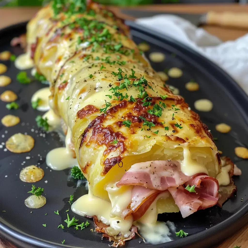 Un gratin dauphinois à la raclette doré et fumant, garni de persil frais haché