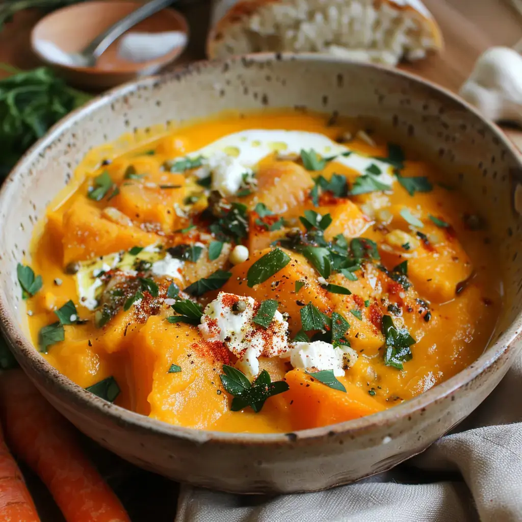 Un bol de velouté de potimarron garni de crème fleurette, de chèvre frais et de persil plat, accompagné de pain de campagne