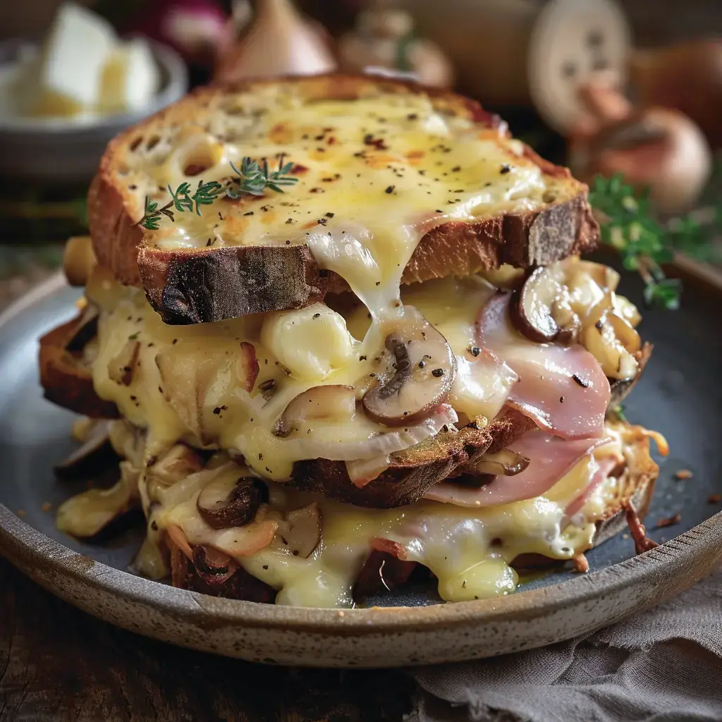 Croque-monsieur montagnard doré garni de fromage fondu, jambon et champignons