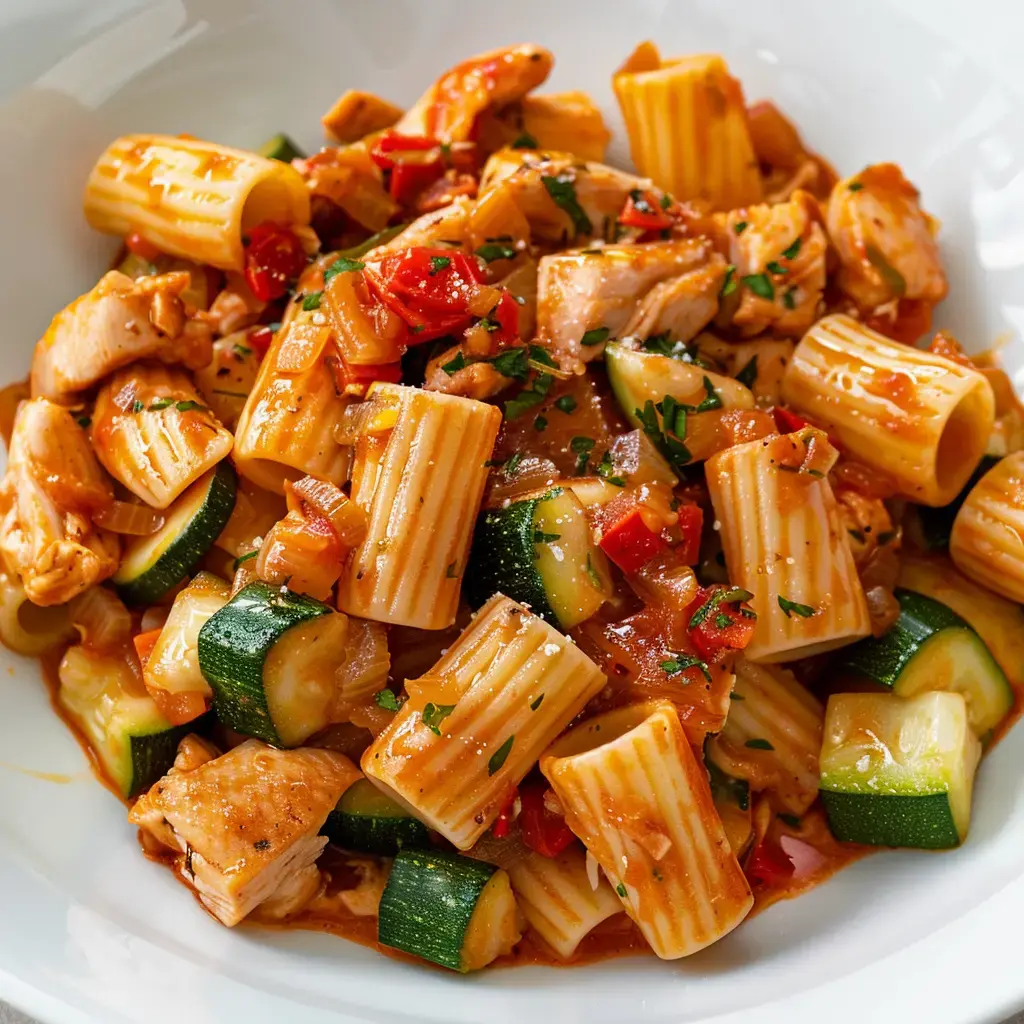 Un plat de pennes aux morceaux de poulet fermier, courgettes fraîches et sauce tomate maison