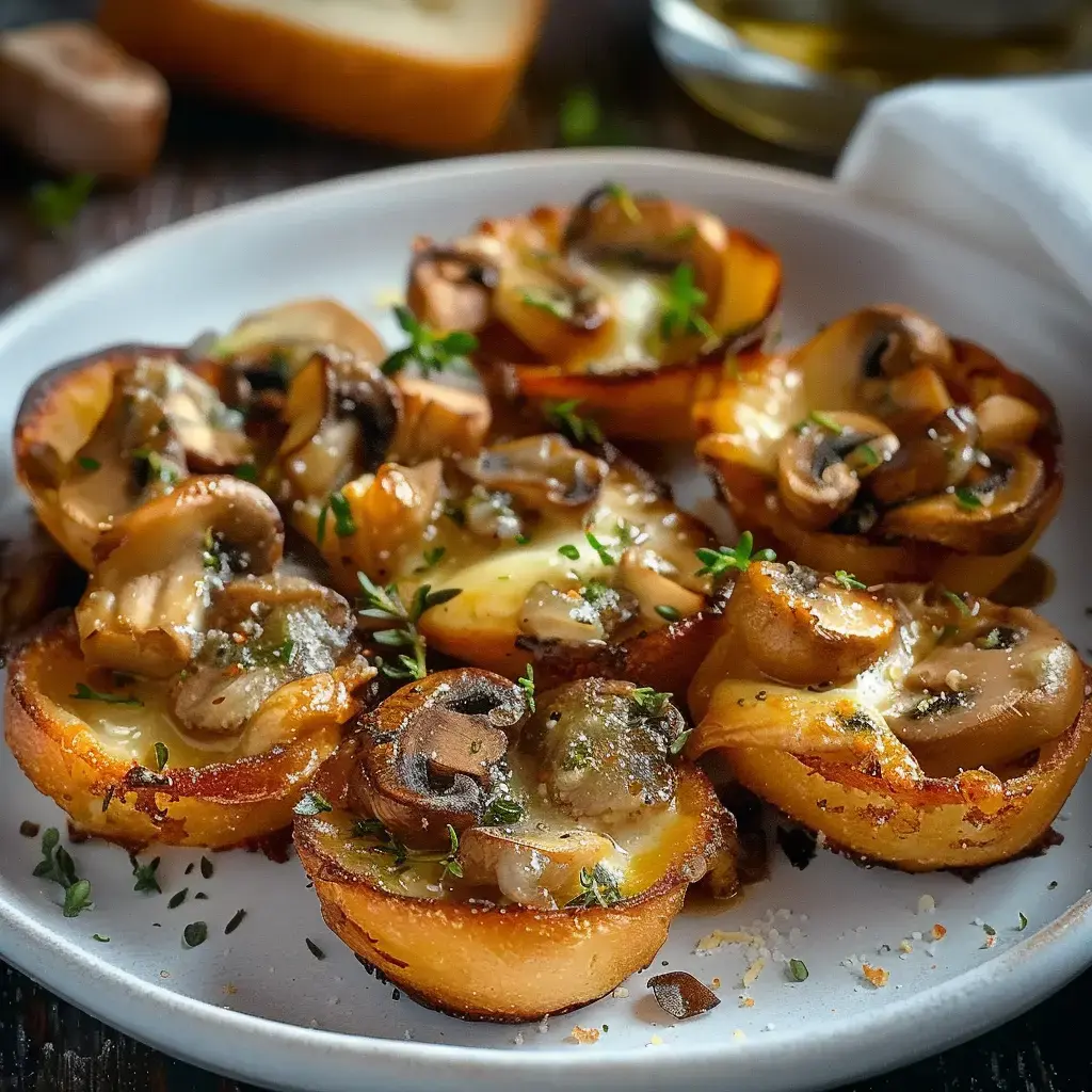 Des canapés de pommes de terre garnis de champignons et de fromage, parsemés de thym frais.