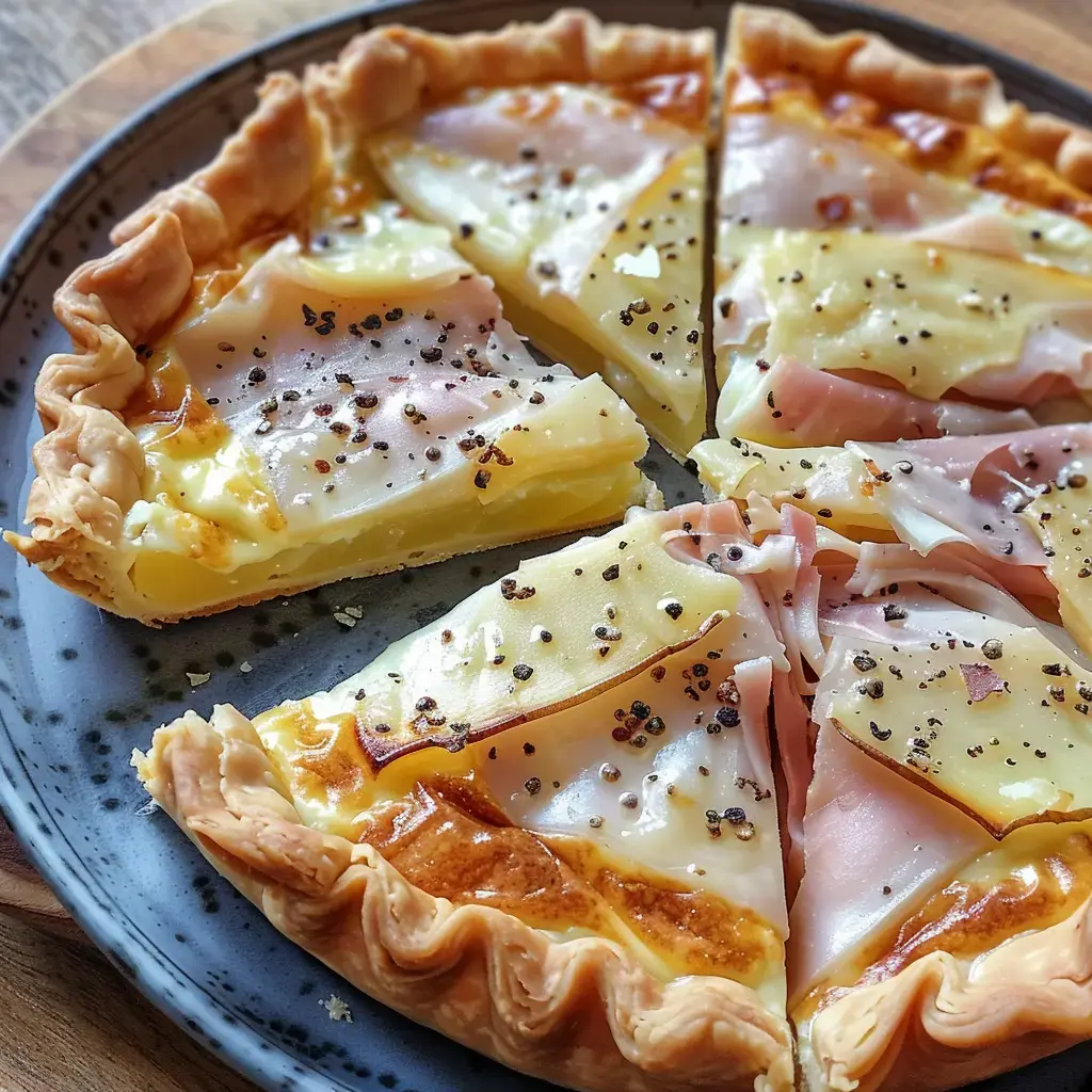 Tarte aux fromages savoyards garnie de jambon et pommes de terre, servie sur une assiette noire