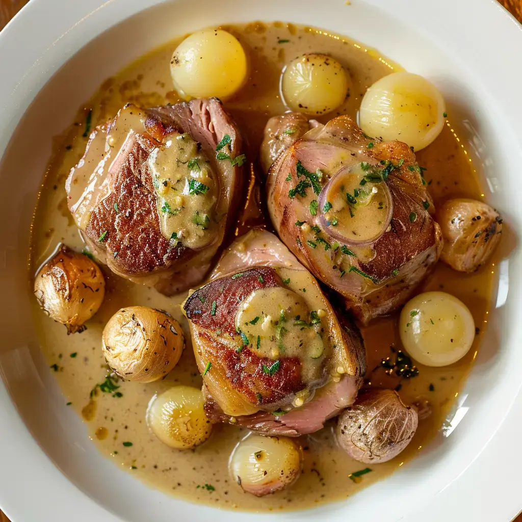 Un plat savoureux de morceaux de viande braisée, accompagnés d'oignons et nappés d'une sauce crémeuse.