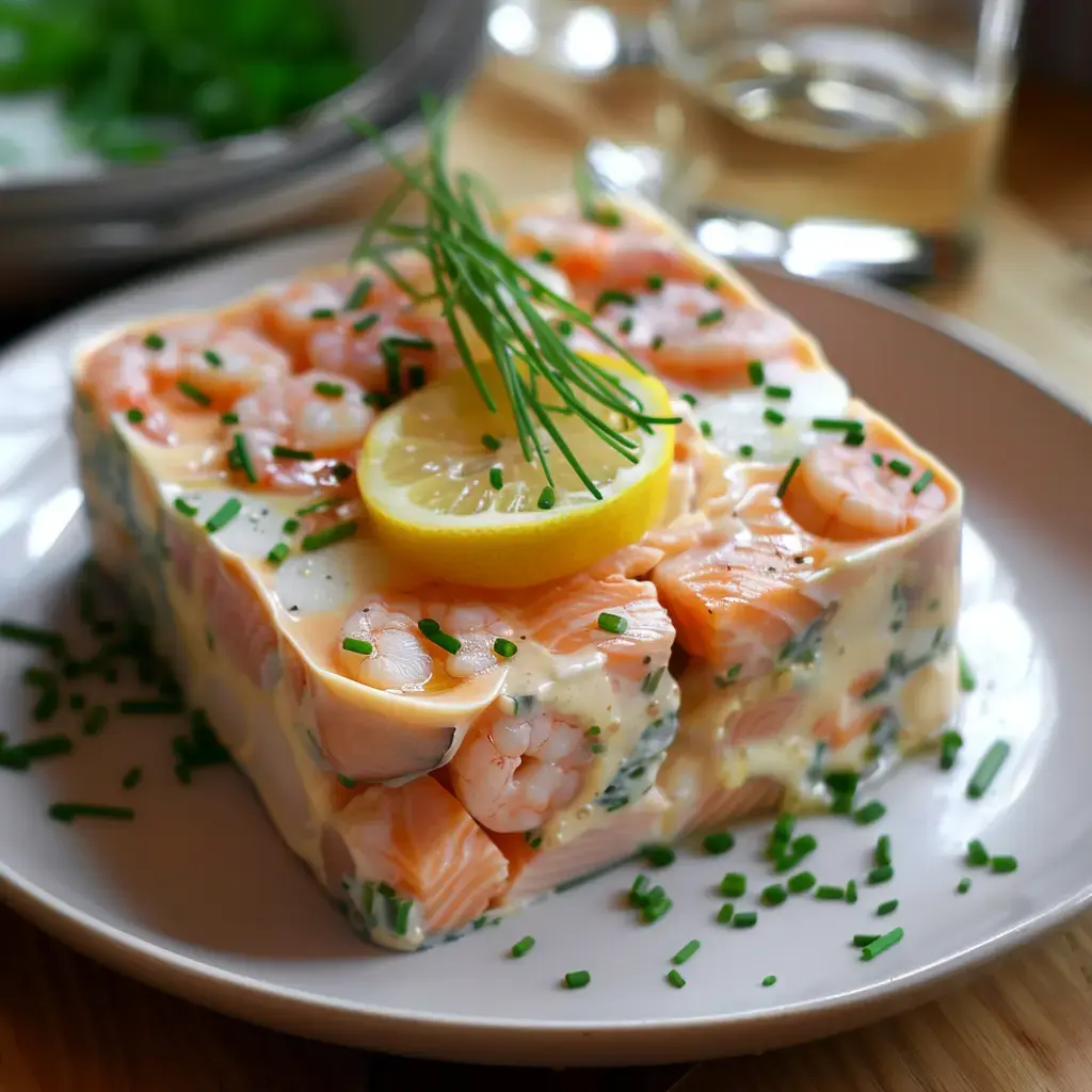 Une terrine de saumon et crevettes surmontée d'une tranche de citron et de ciboulette.