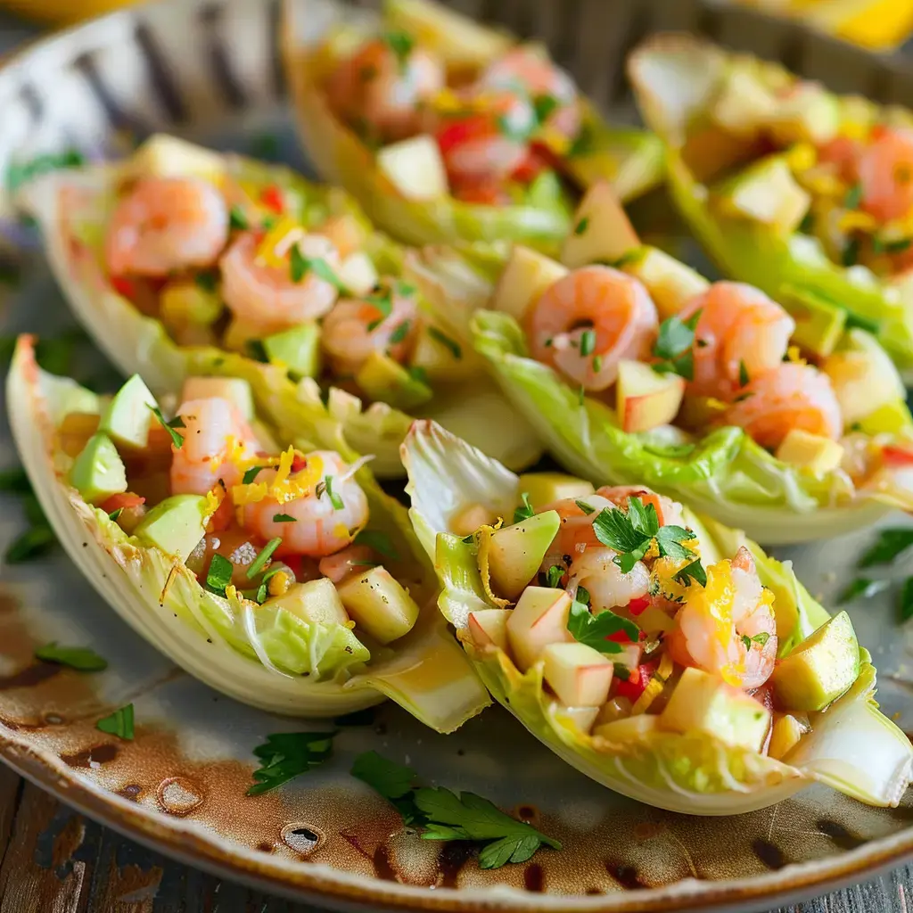 Des feuilles d'endive remplies de crevettes et de dés de pomme, avec une touche de persil.