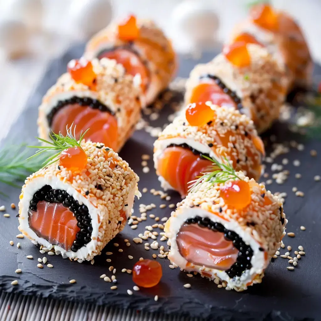 Des rouleaux garnis de saumon, crème, œufs de poisson et sésame, présentés sur une planche sombre.