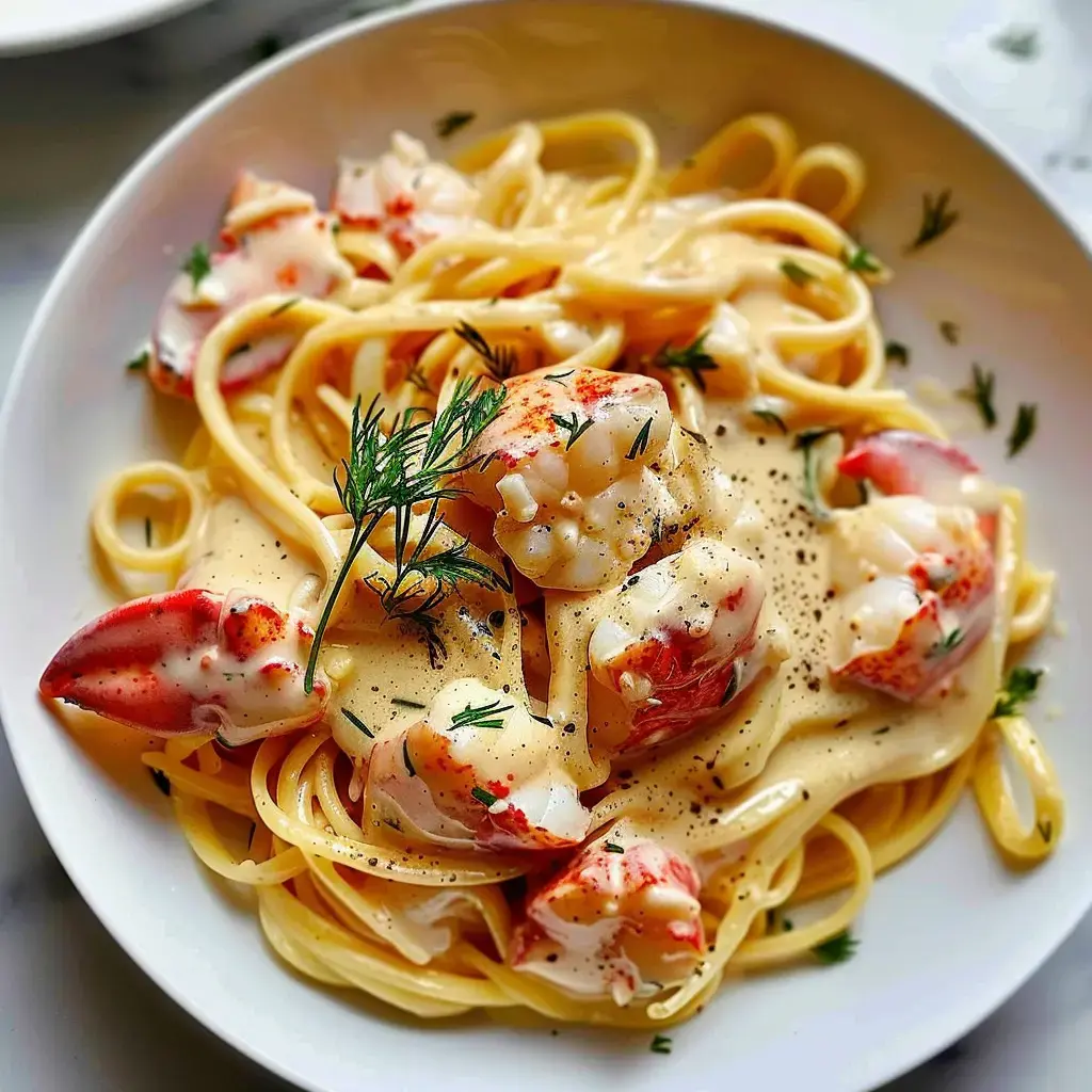 Linguine nappées de sauce crémeuse avec des morceaux de homard et parsemées d'aneth.