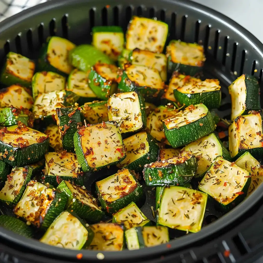 Des morceaux de courgette dorés et assaisonnés dans un panier de cuisson.