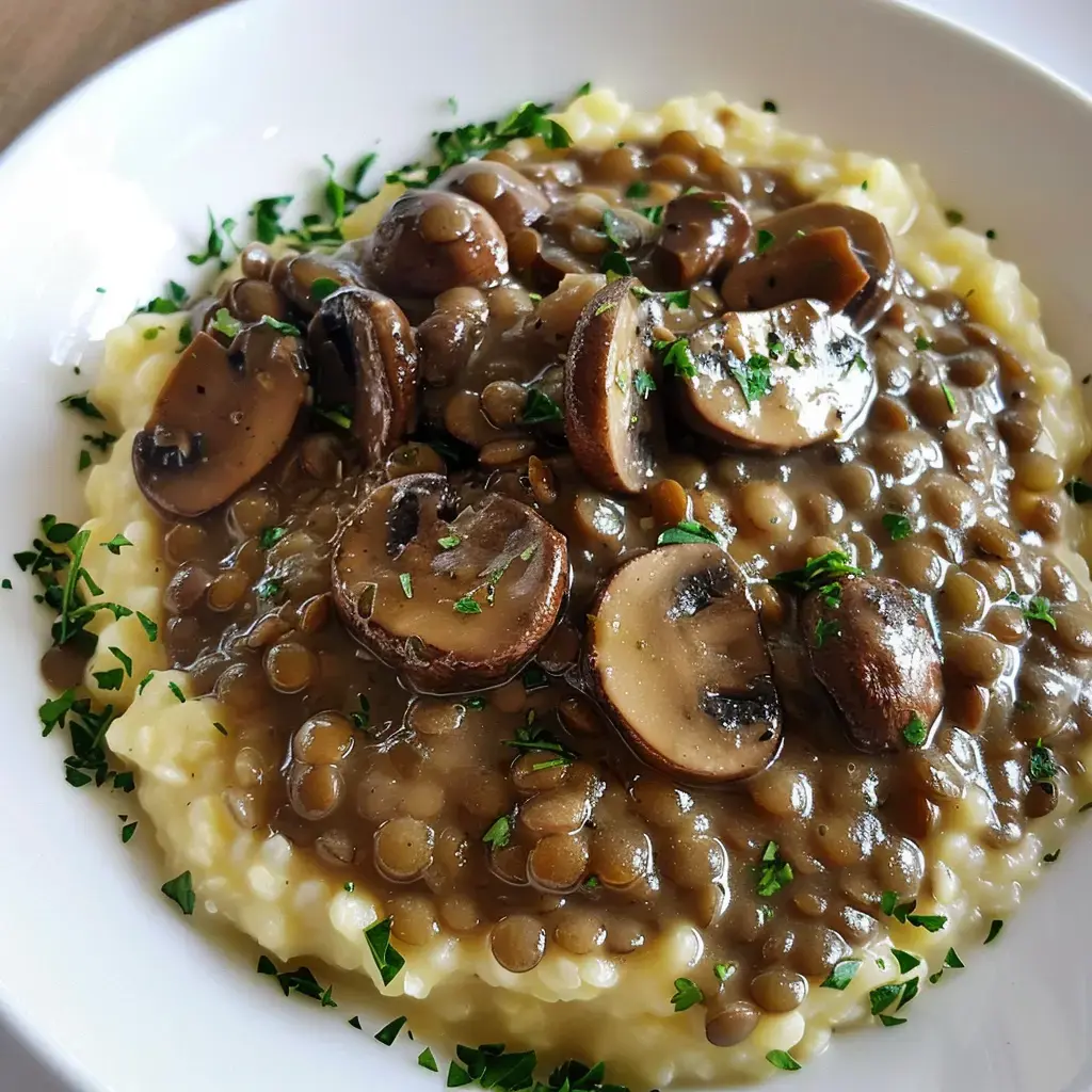 Une assiette de lentilles avec champignons posée sur un nuage de purée crémeuse, parsemée de persil frais.
