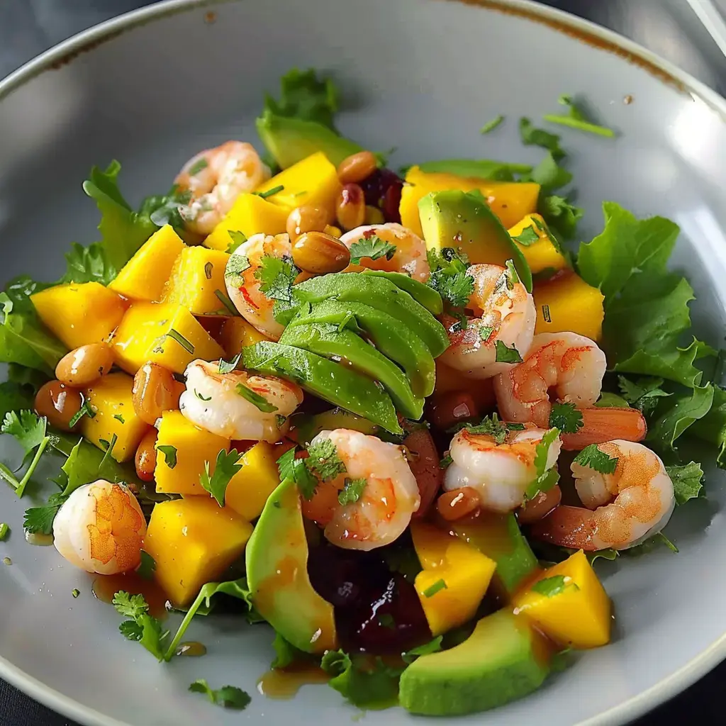 Une salade vibrante avec crevettes, mangue, avocat, noix et coriandre sur un lit de feuilles vertes.