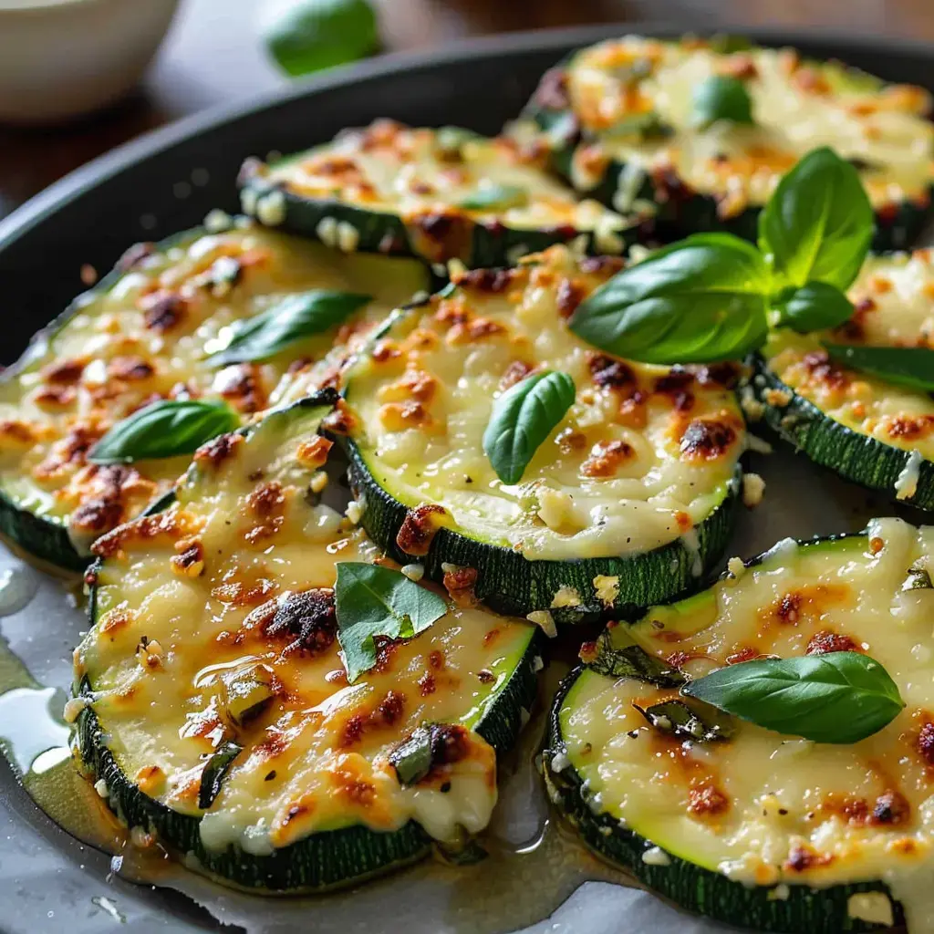 Des morceaux de courgette gratinés avec fromage, décorés de basilic frais, présentés dans une assiette.