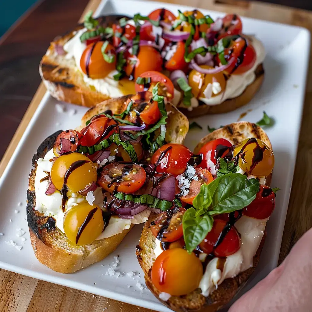 Des tartines garnies de tomates multicolores, d'oignons rouges, de basilic et d'un filet de balsamique sur un socle de pain grillé.
