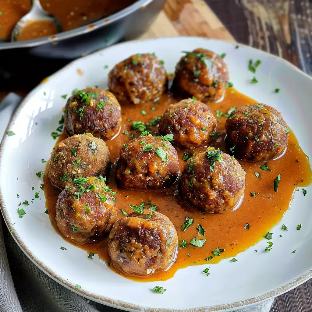 Des boulettes végétales baignant dans une sauce épaisse, décorées de persil, servies dans une assiette blanche.