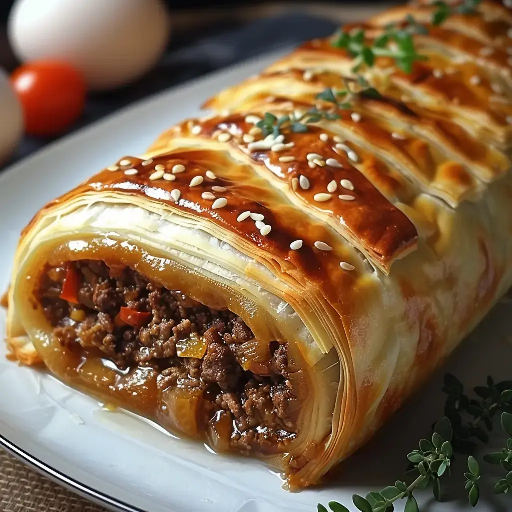 Un feuilleté roulé farci de viande hachée et légumes, garni de graines de sésame.