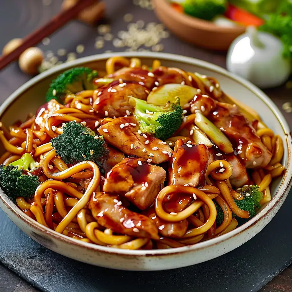 Un bol de nouilles asiatiques avec des morceaux de poulet, du brocoli et de la sauce, parsemé de graines de sésame.
