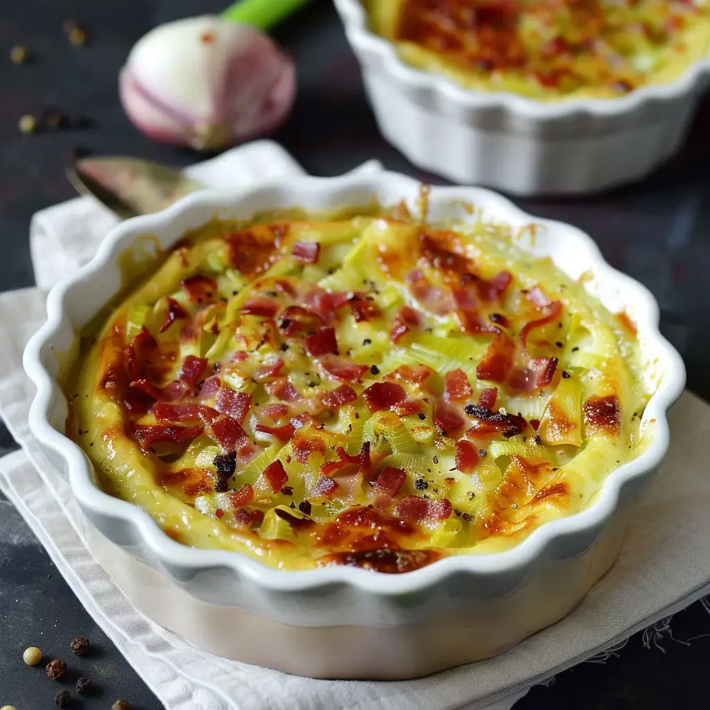 Un délicieux gratin de poireaux aux lardons, bien doré et appétissant, servi dans un plat à four.