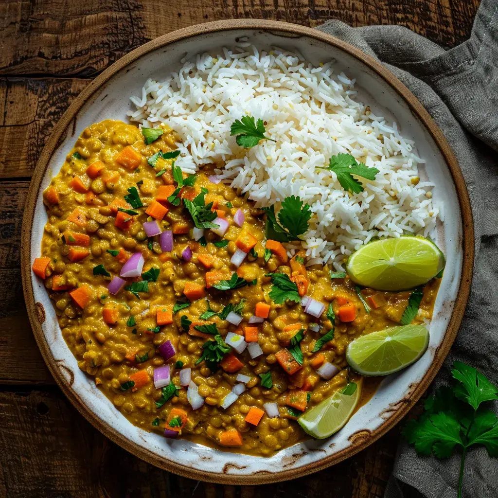 Un bol de lentilles orangées onctueuses servi avec du riz basmati, agrémenté de carottes, d'oignons et de morceaux de citron vert.