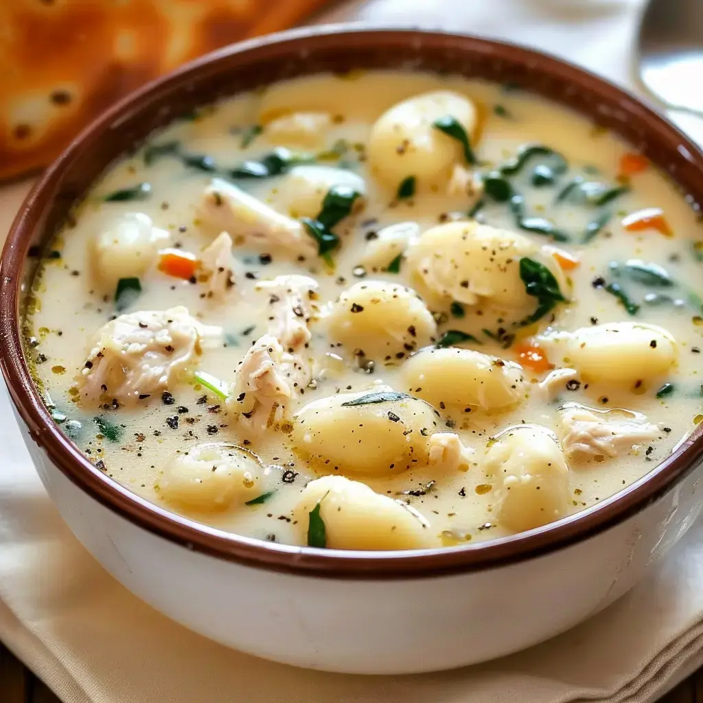 Un bol de velouté onctueux garni de quenelles, poulet, épinards et quelques morceaux de carottes, avec un peu de poivre noir saupoudré.