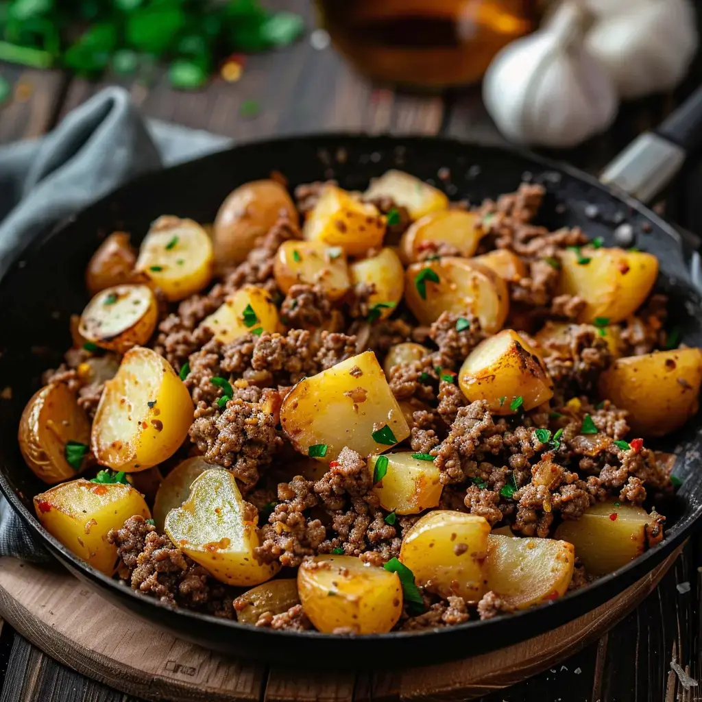 Une poêlée appétissante mêlant patates dorées et viande hachée, parsemée de persil frais.