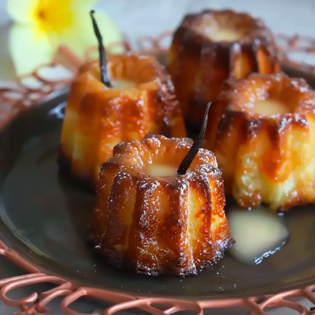 Quatre cannelés aux teintes ambrées, avec leur surface brillante, présentés avec quelques gousses de vanille sur un plat sombre.