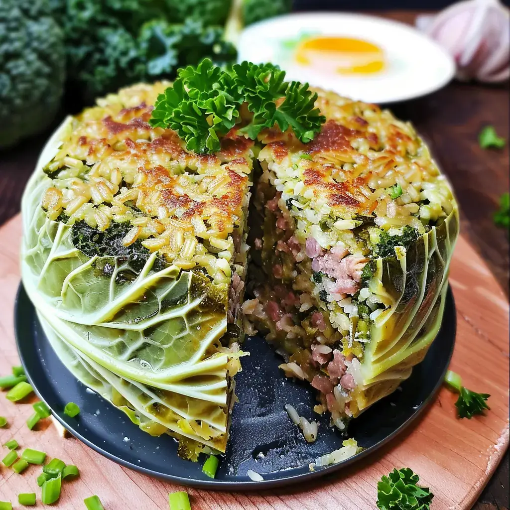 Un gâteau de chou farci au riz, viande hachée et légumes, posé sur une assiette et décoré de quelques feuilles de persil.