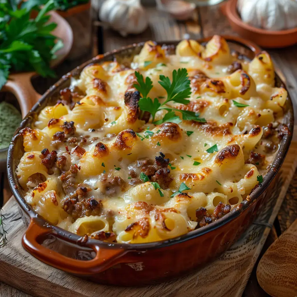 Un gratin de pâtes avec viande hachée et fromage fondu, décoré de persil frais.
