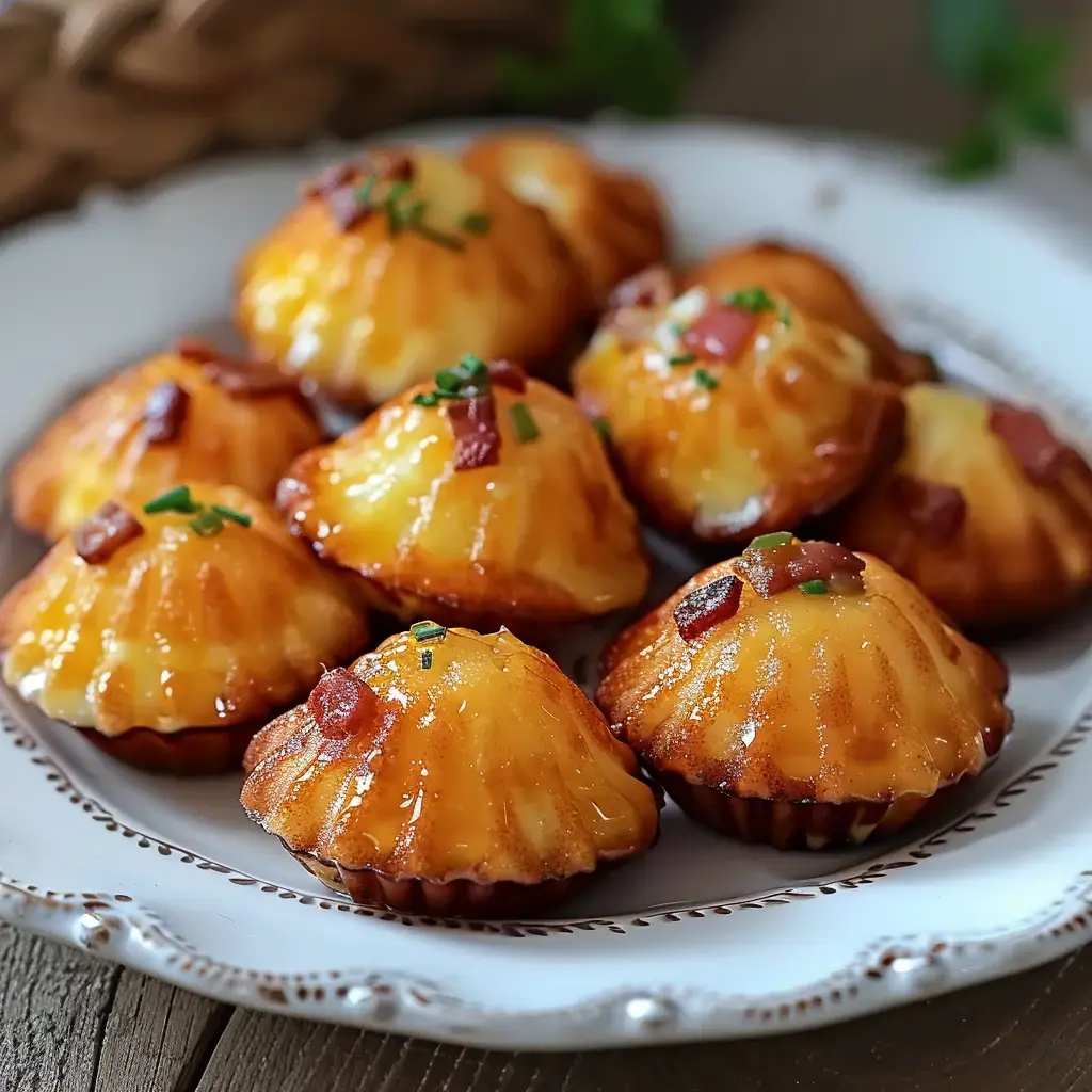 Ensemble de petites madeleines dorées garnies de fromage et morceaux de bacon, présentées sur un plat décoratif.