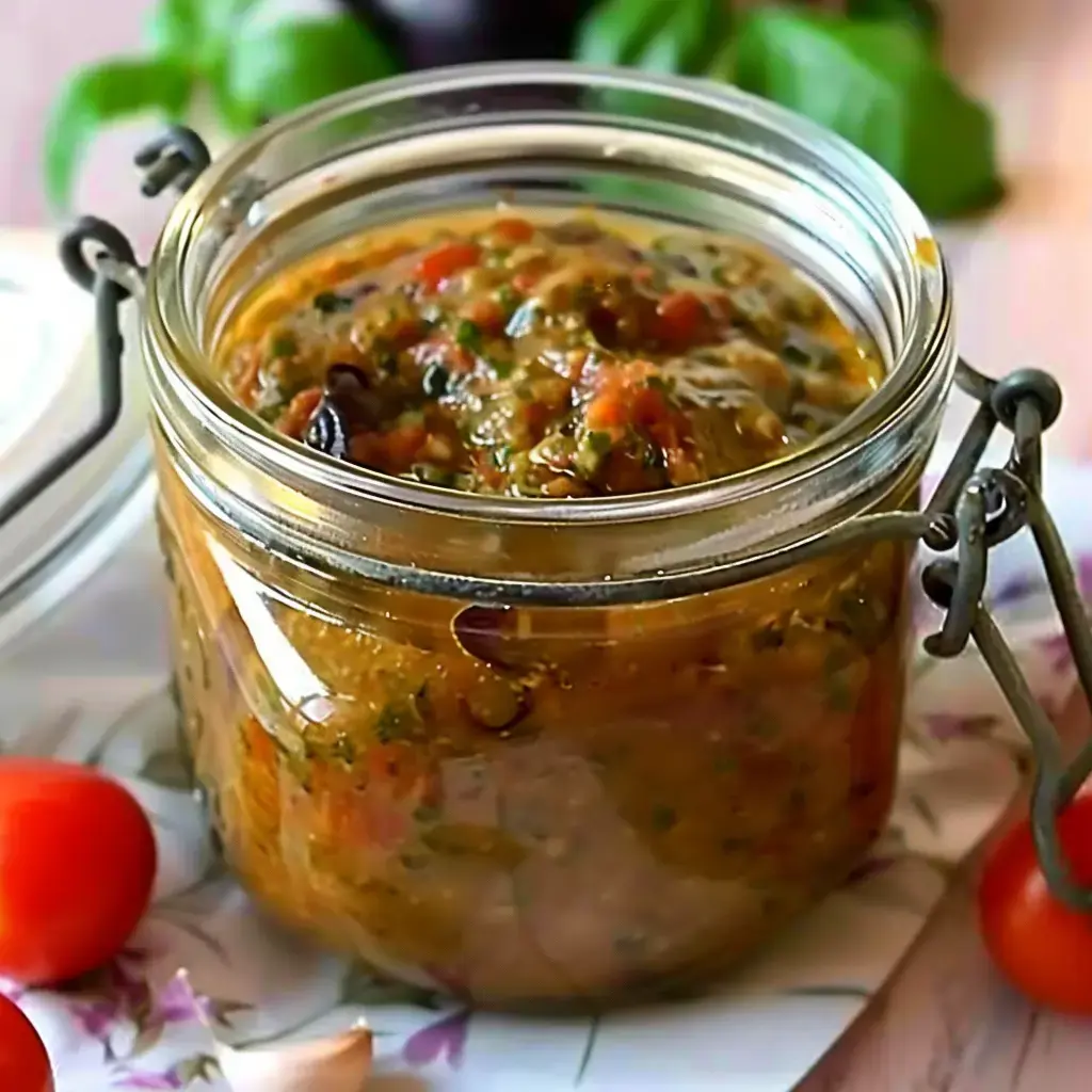 Un contenant en verre contenant une préparation de légumes épicée, avec des tomates cerises à côté sur un motif fleuri.