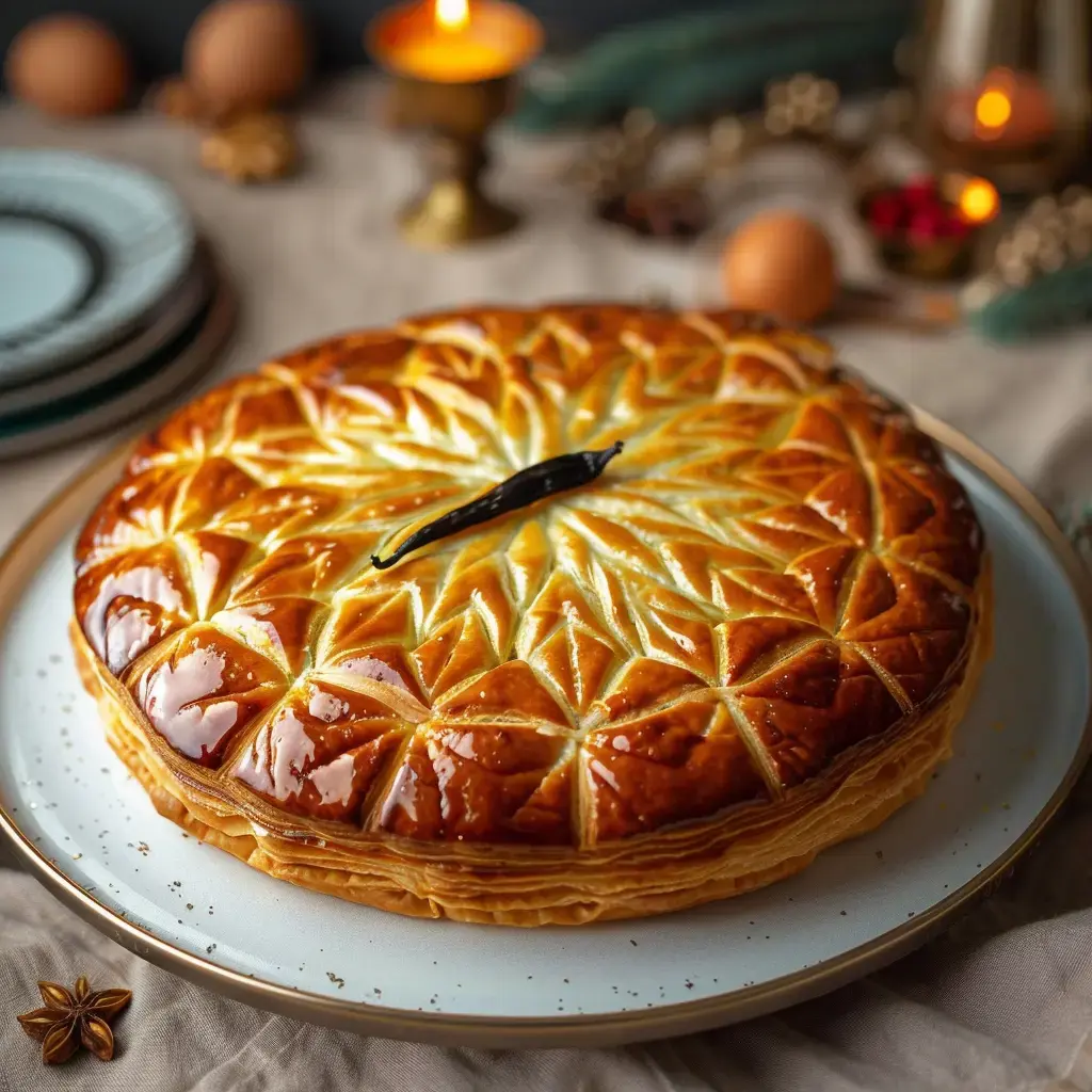 Une galette des rois brillante ornée d'un joli motif étoilé, avec une gousse de vanille au milieu, entourée d'éléments de fête.