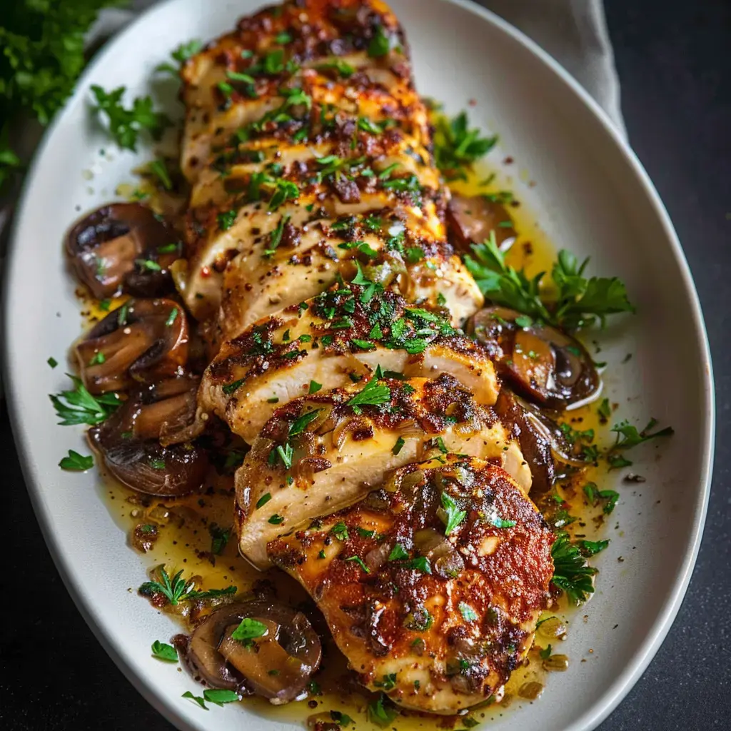 Morceaux de poulet bien dorés avec champignons et persil frais servis dans un plat oval.