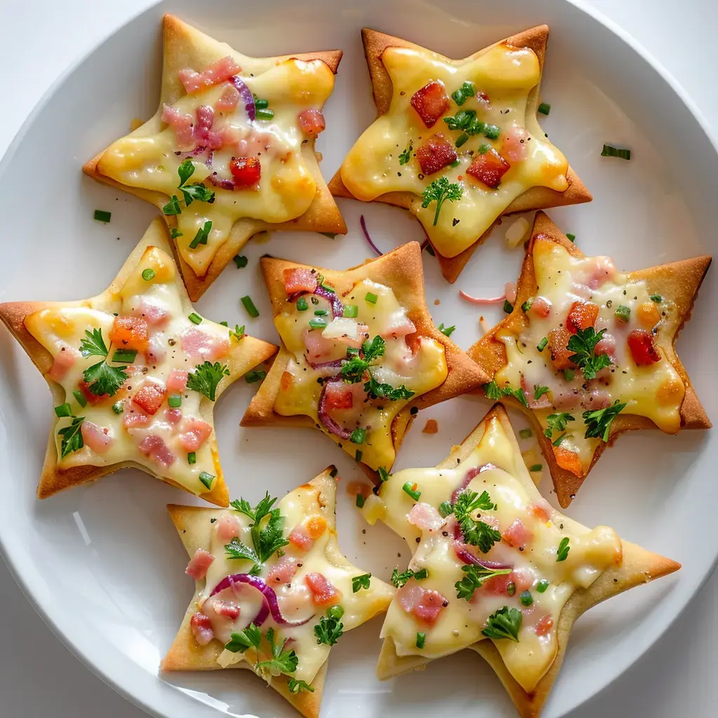Plateau d'amuse-bouches en forme d'étoile, avec du fromage, des dés de tomate, de l'oignon rouge et de la coriandre.