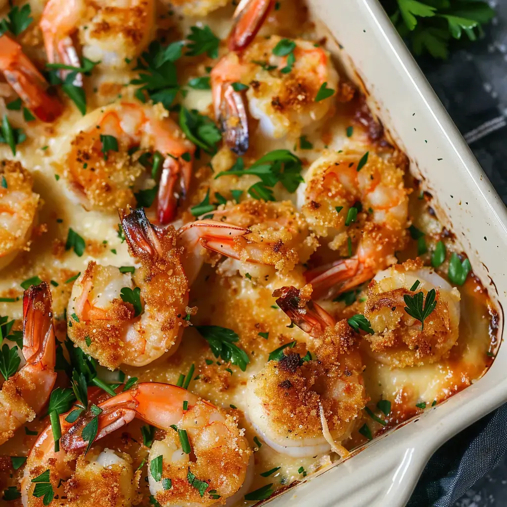 Un plat de gambas au four couvertes de chapelure dorée et parsemées de persil frais.