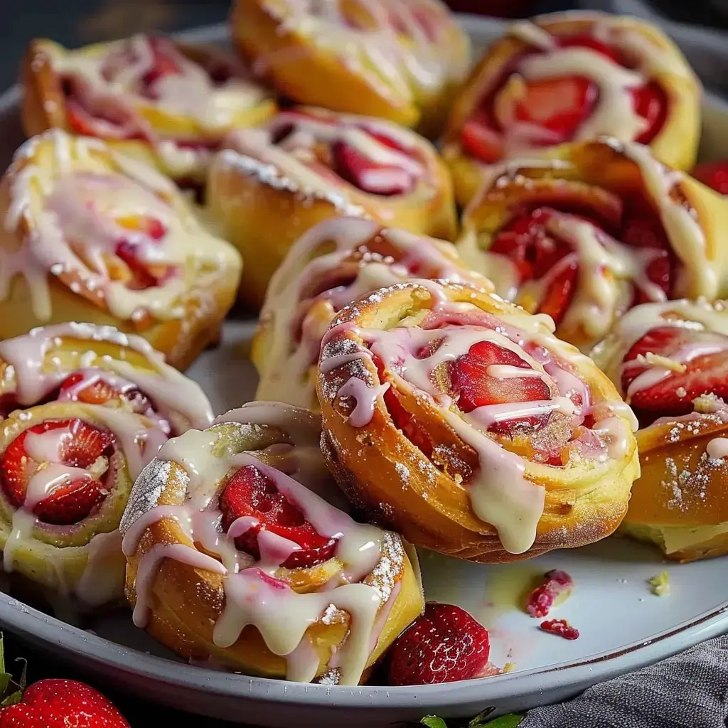 Des briochettes garnies de fraises et nappées de glaçage, présentées sur un plat.