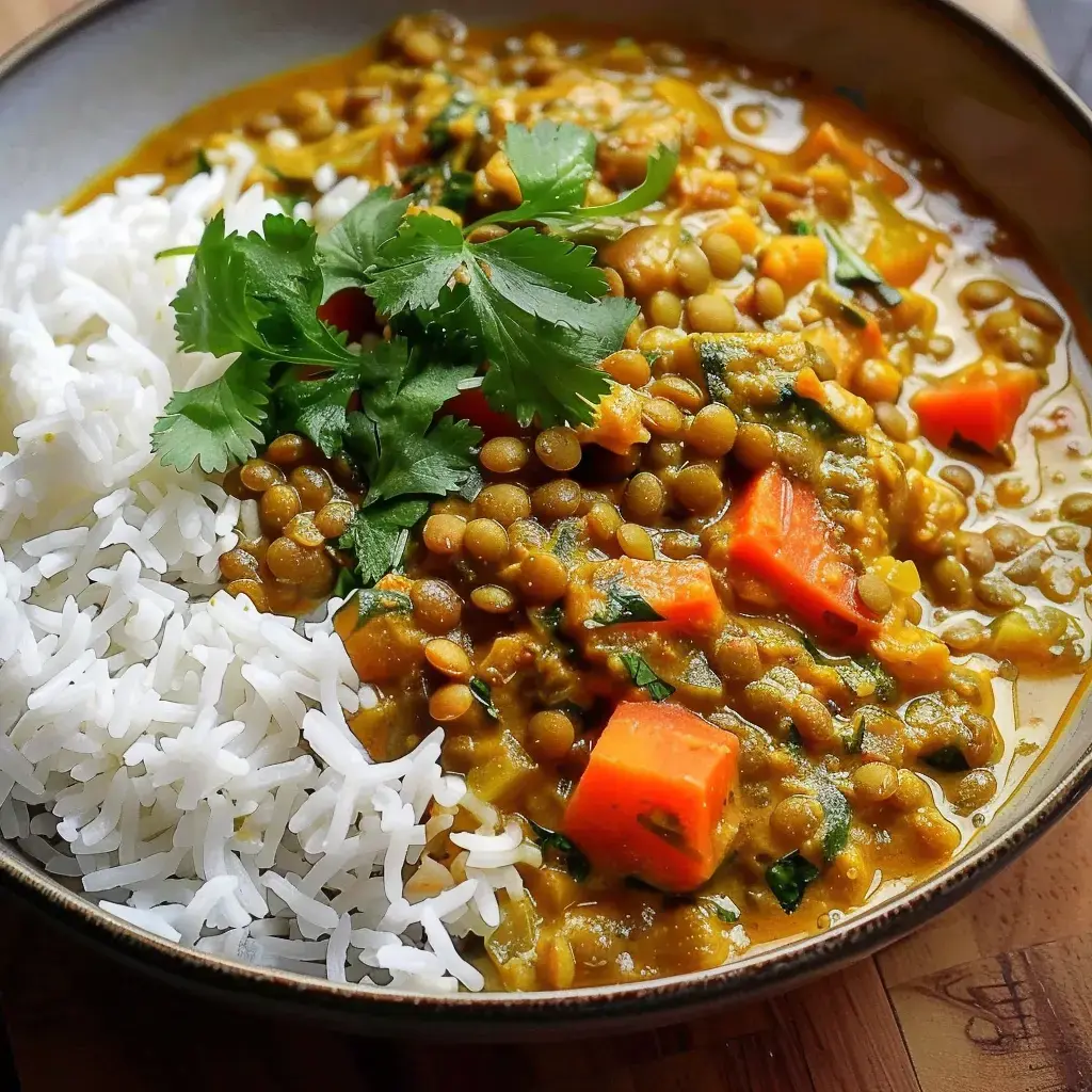 Un plat de lentilles mijoté avec du lait de coco et des légumes, servi avec du riz et un peu de coriandre.