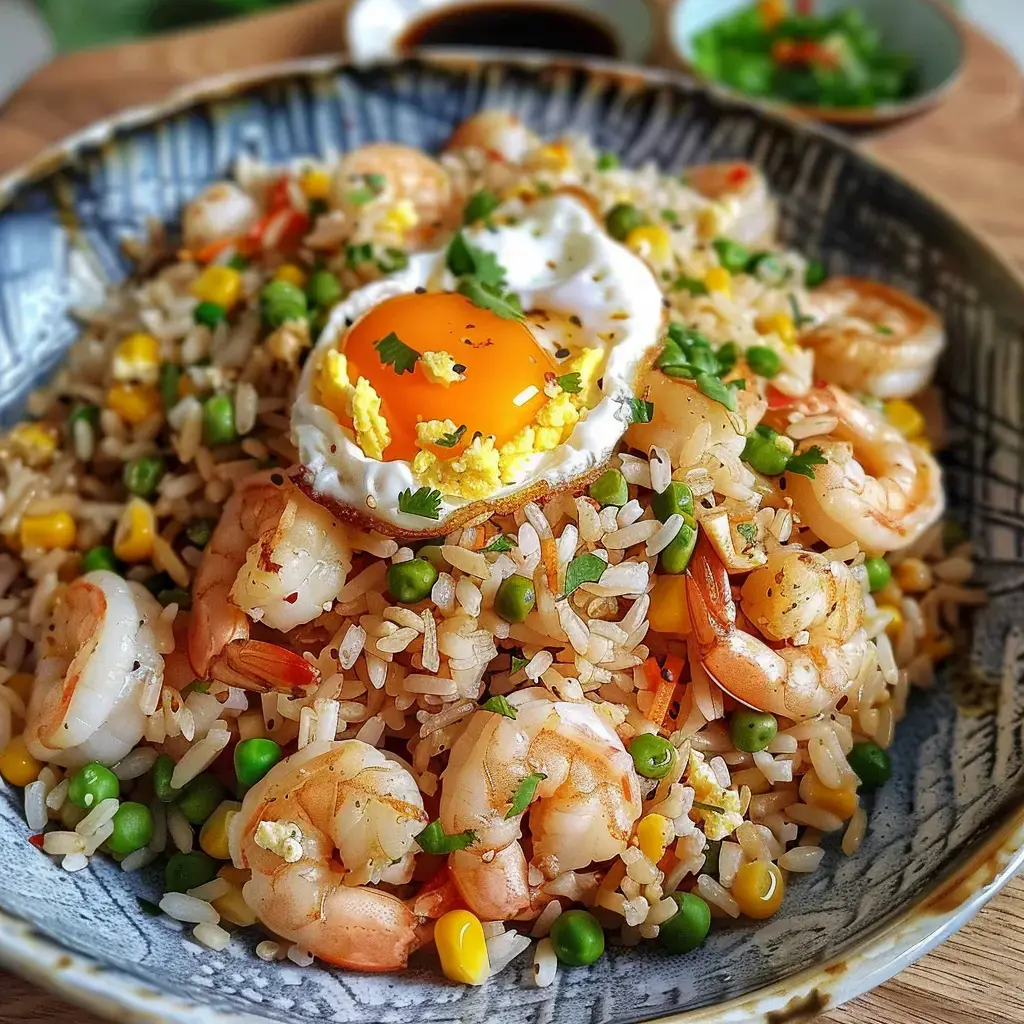 Bol de riz sauté, crevettes, légumes et œuf avec coriandre fraîche.
