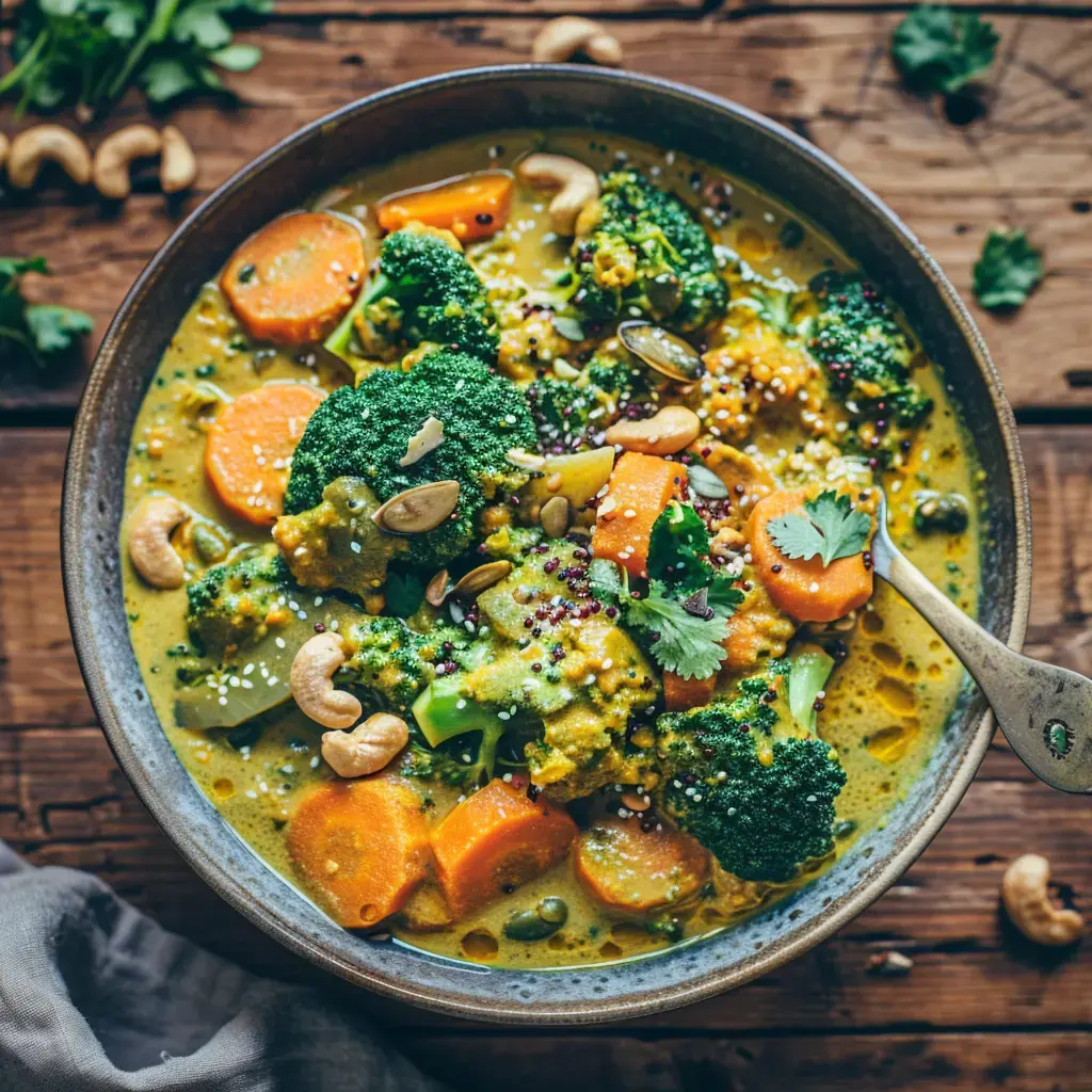 Bol généreux de brocolis croquants et lentilles dans une sauce crémeuse, parsemé de noix et de coriandre.