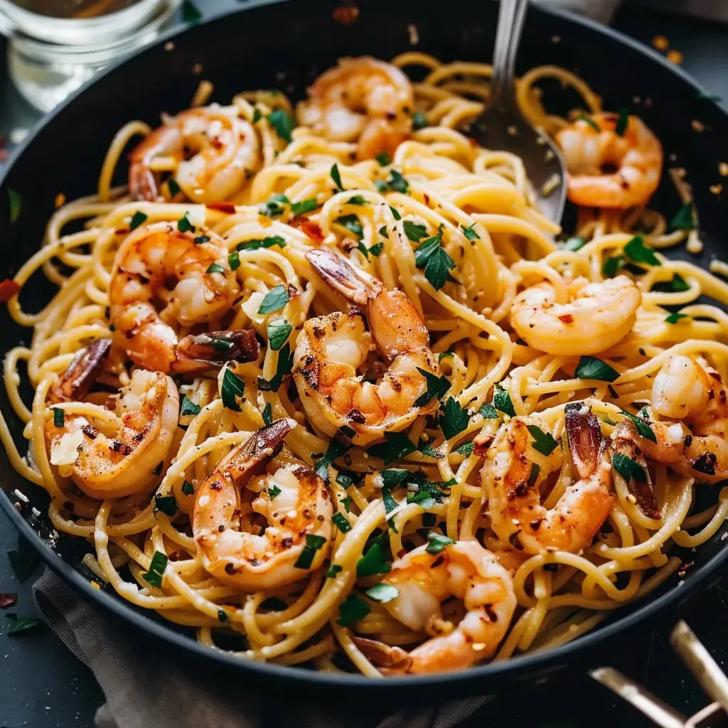Un plat de pâtes crémeuses aux crevettes saupoudrées de persil frais.