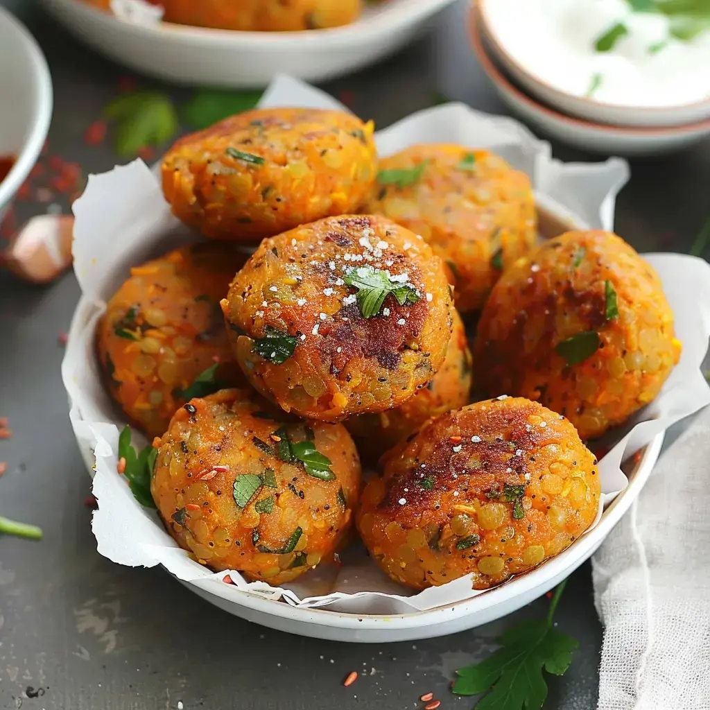 Boulettes de lentilles dorées parsemées de persil, disposées dans un bol tapissé de papier blanc.