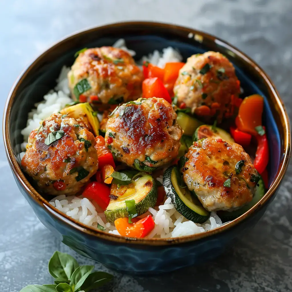 Assiette de riz avec boulettes de viande et légumes comme courgette et poivron.